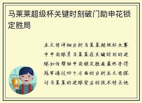 马莱莱超级杯关键时刻破门助申花锁定胜局