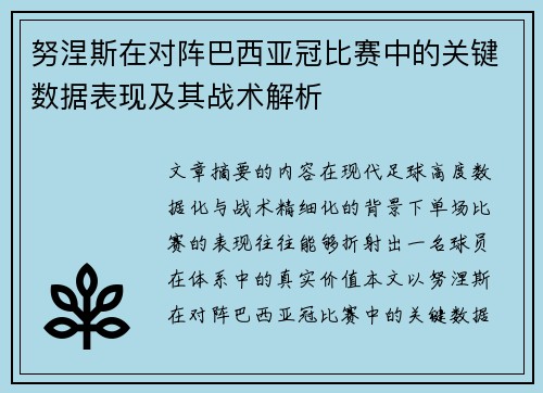 努涅斯在对阵巴西亚冠比赛中的关键数据表现及其战术解析